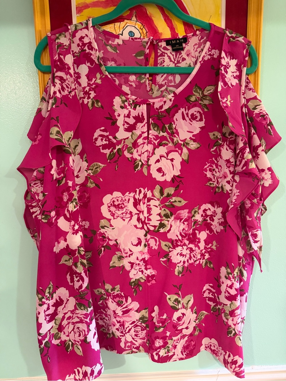 IMAN Fuchsia Floral Ruffle Cold-Shoulder Blouse, 2X, $15